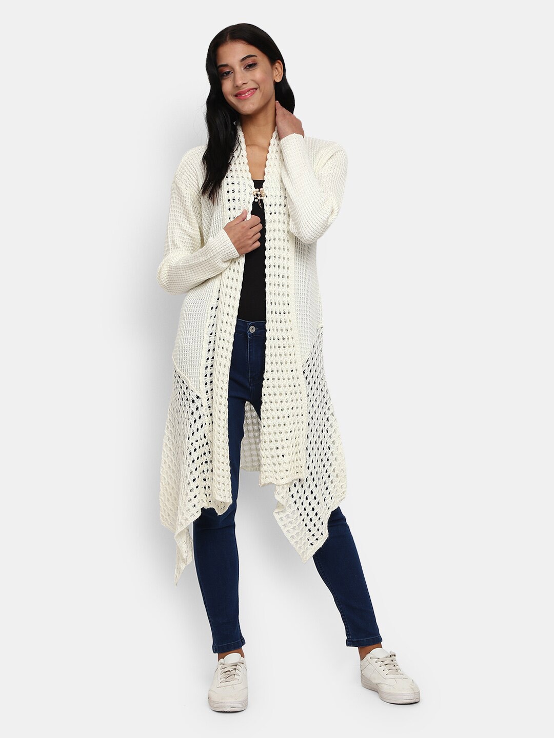 

V-Mart Women Off White Cable Knit Cotton Longline Cardigan