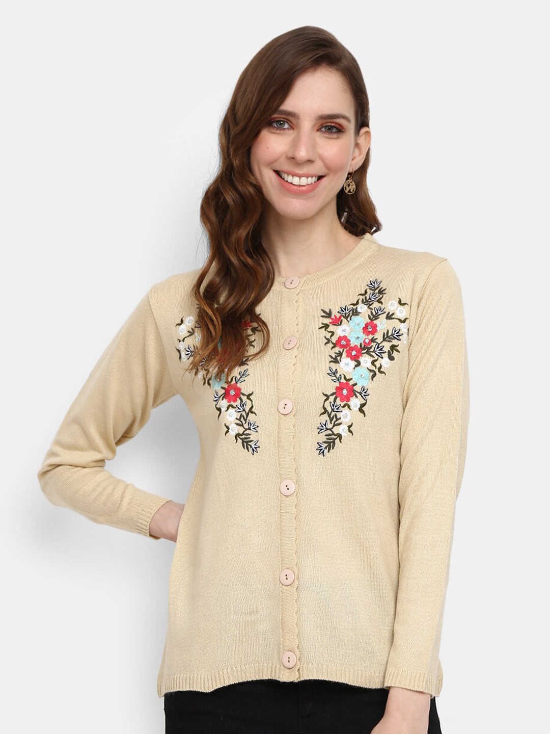 

V-Mart Women Beige Floral Cardigan with Embroidered Detail