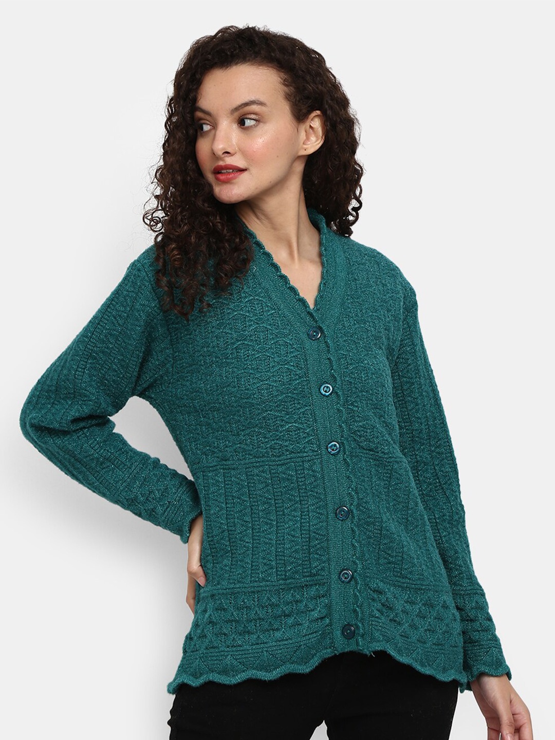 

V-Mart Women Teal Green Self Design Cardigan