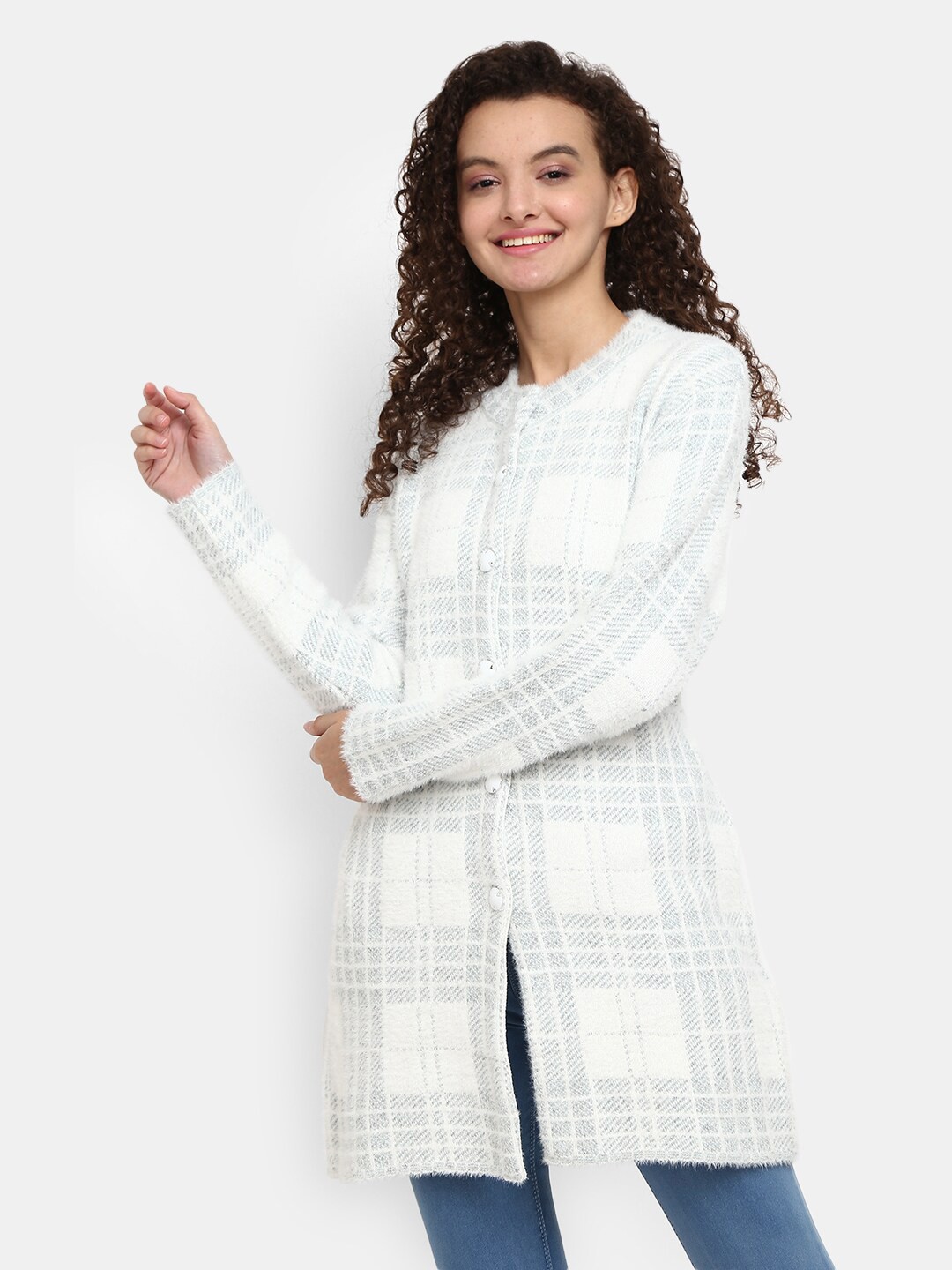 

V-Mart Women Grey Checked Longline Cardigan