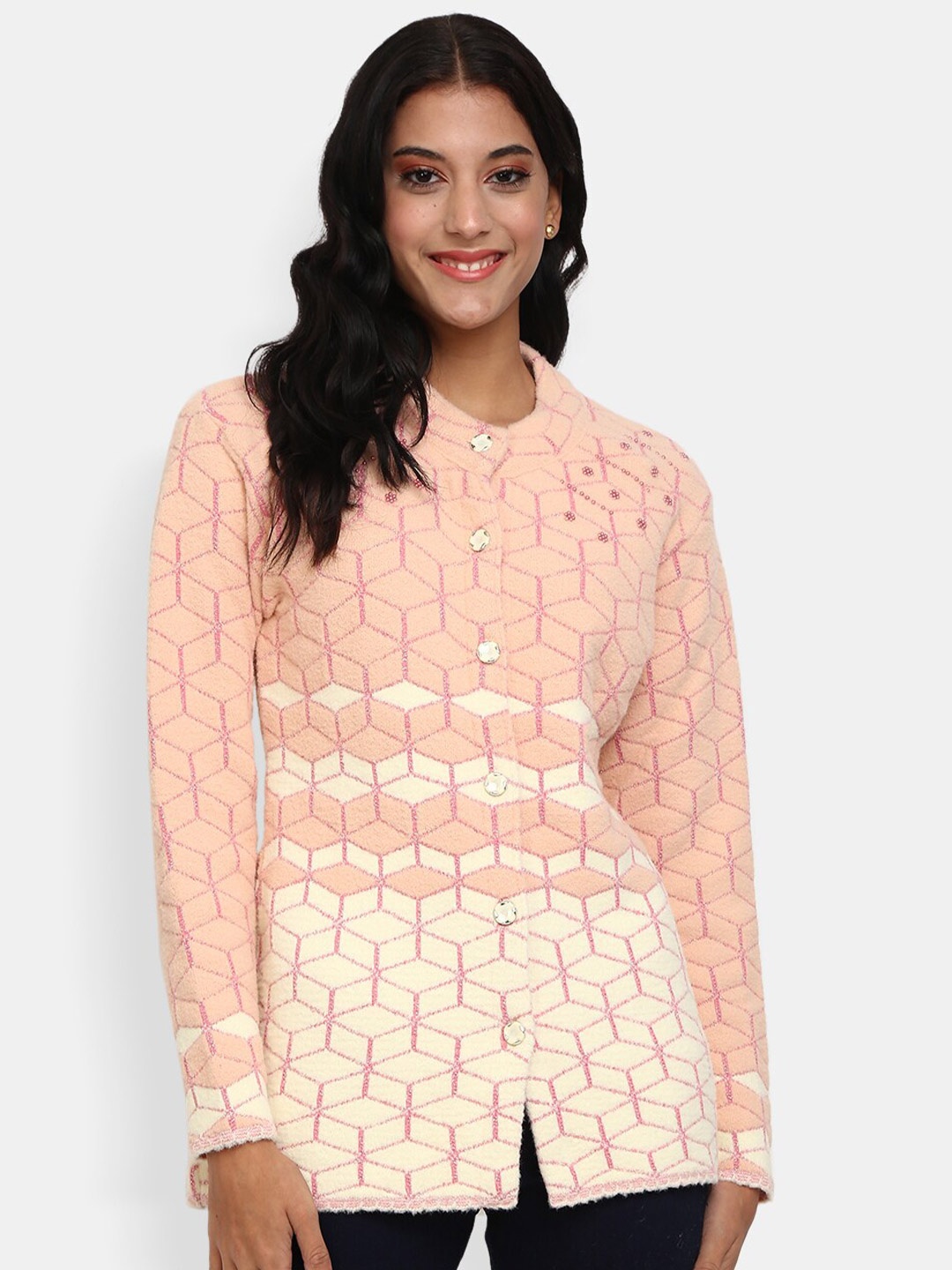 

V-Mart Women Peach-Coloured Printed Cardigan