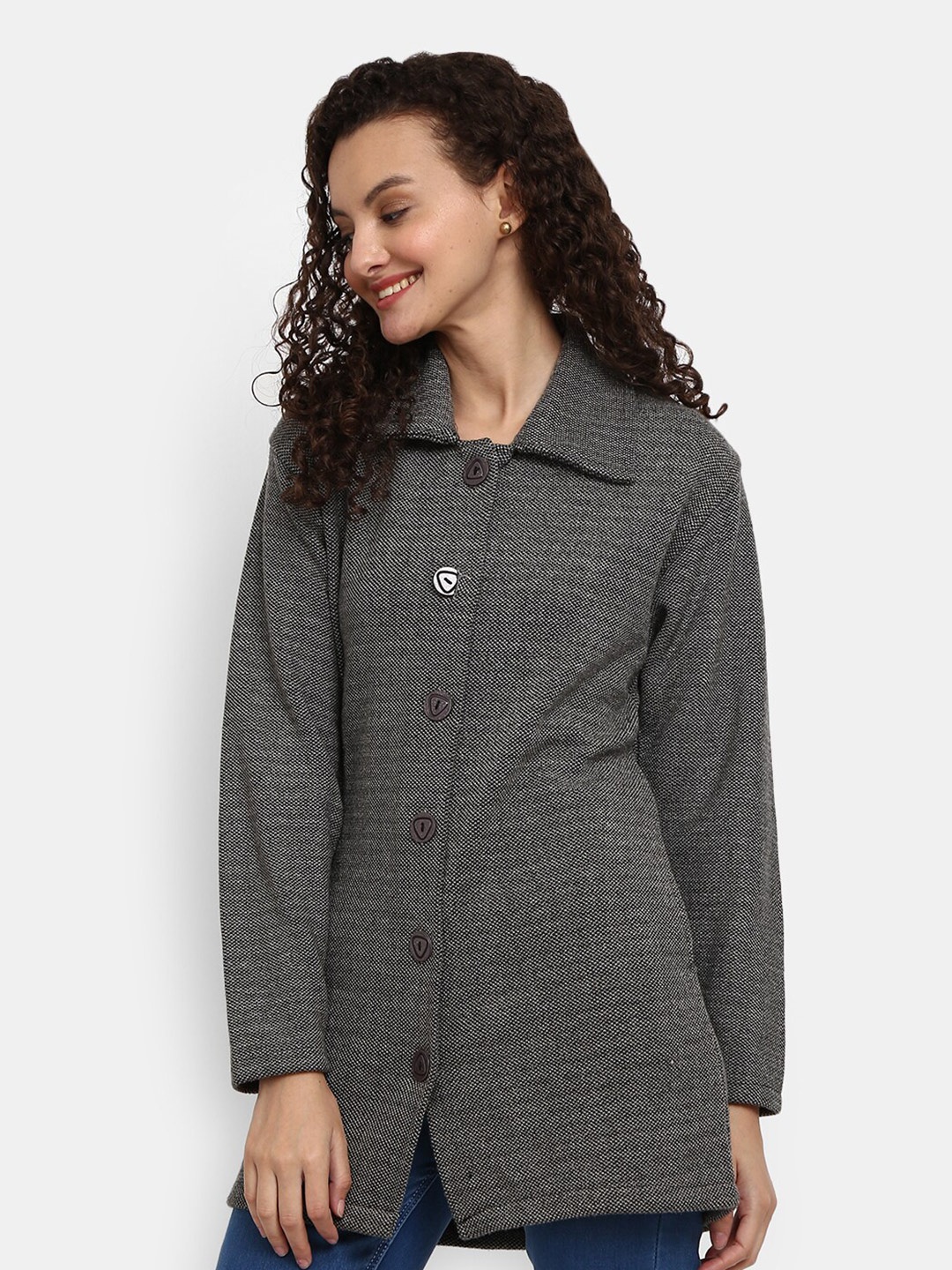 

V-Mart Women Grey Self Design Polyester Round Neck Cardigan Sweatshirt