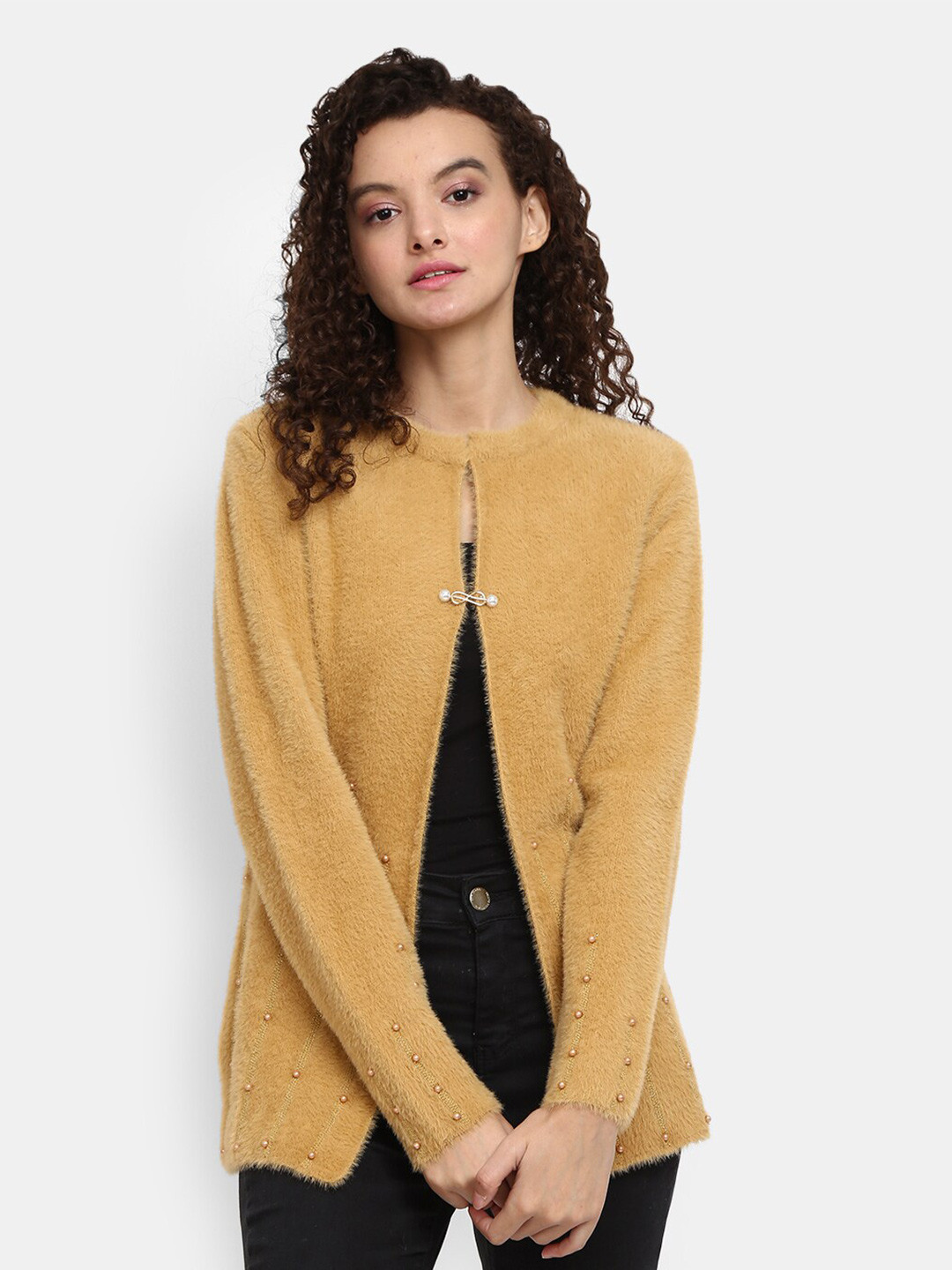 

V-Mart Women Khaki Solid Hair Round Neck Cardigan Sweatshirt