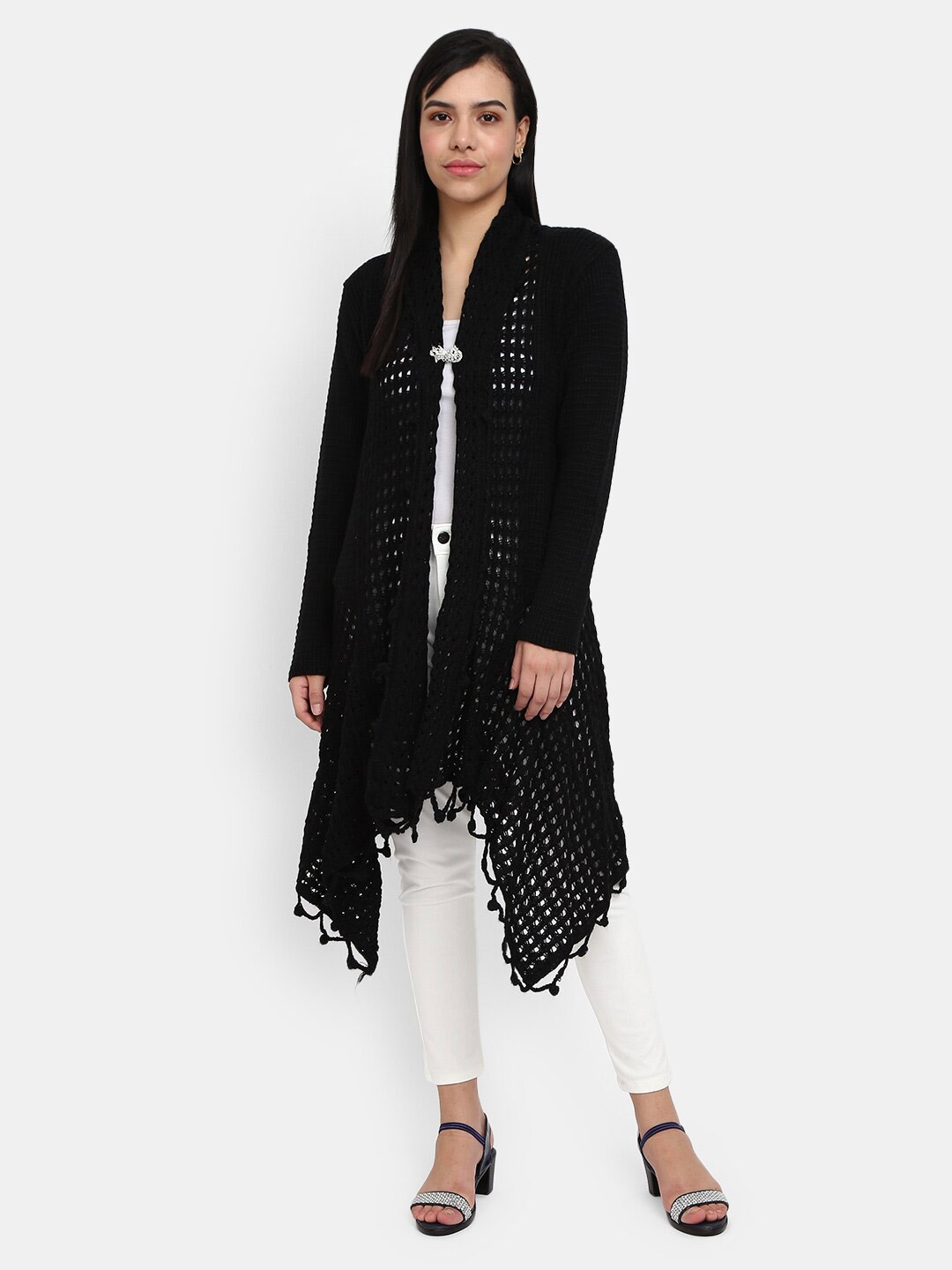 

V-Mart Women Black Self Design Rainbow Open Neck Cardigan Sweatshirt