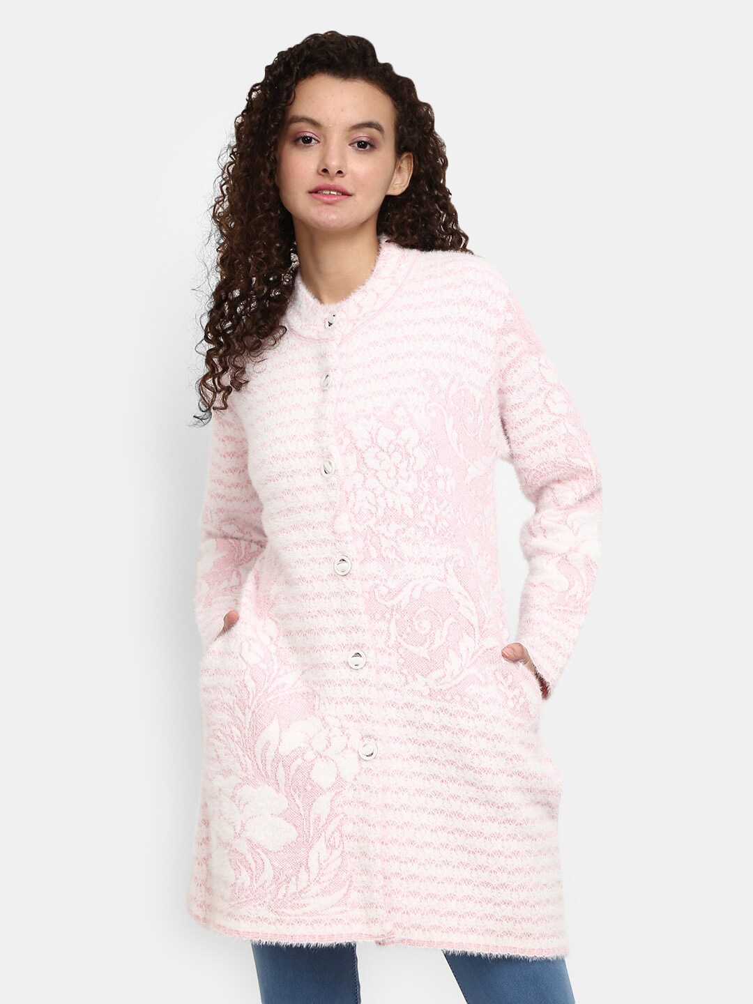 

V-Mart Women Pink Striped Self Design Hair Round Neck Cardigan Sweatshirt