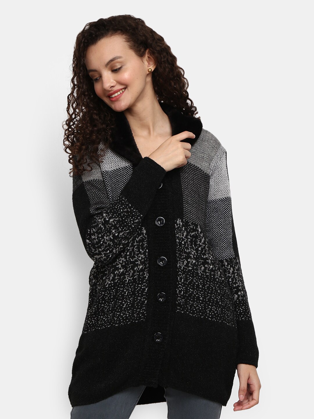 

V-Mart Women Black & Grey Printed Longline Cardigan