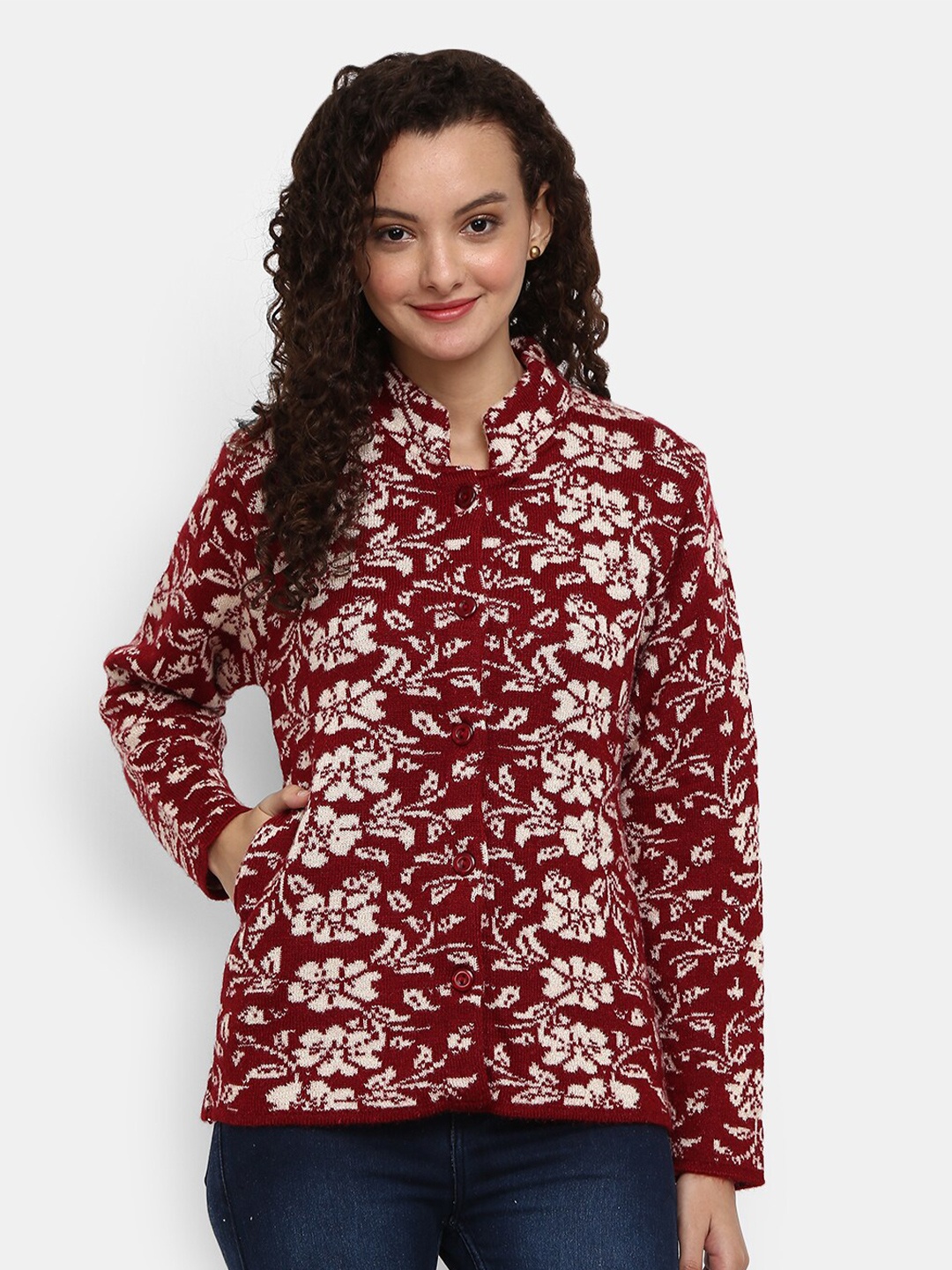 

V-Mart Women Maroon Self Design Cardigan