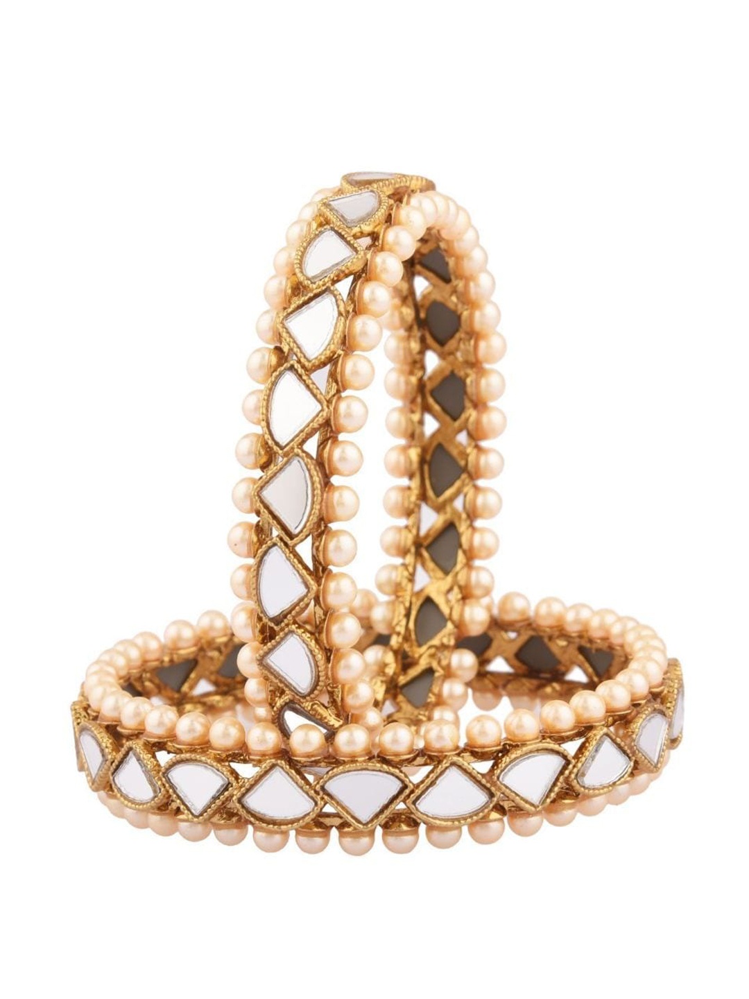 

Efulgenz Set of 2 Gold-Plated White Pearl & Mirror Studded Kada Bangle