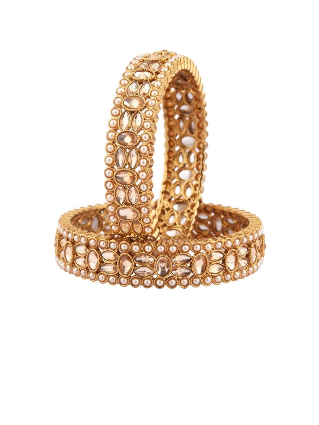 

Efulgenz Set of 2 Gold-Plated Brown Crystal & Pearl Studded Bangles