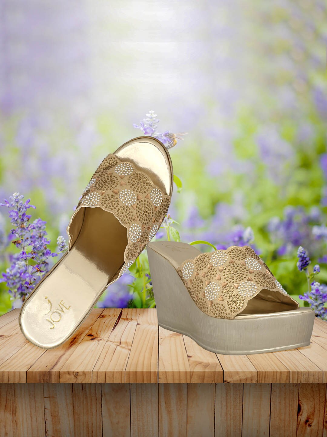 

Jove Women Gold & White Embellished Party Wedge Heels