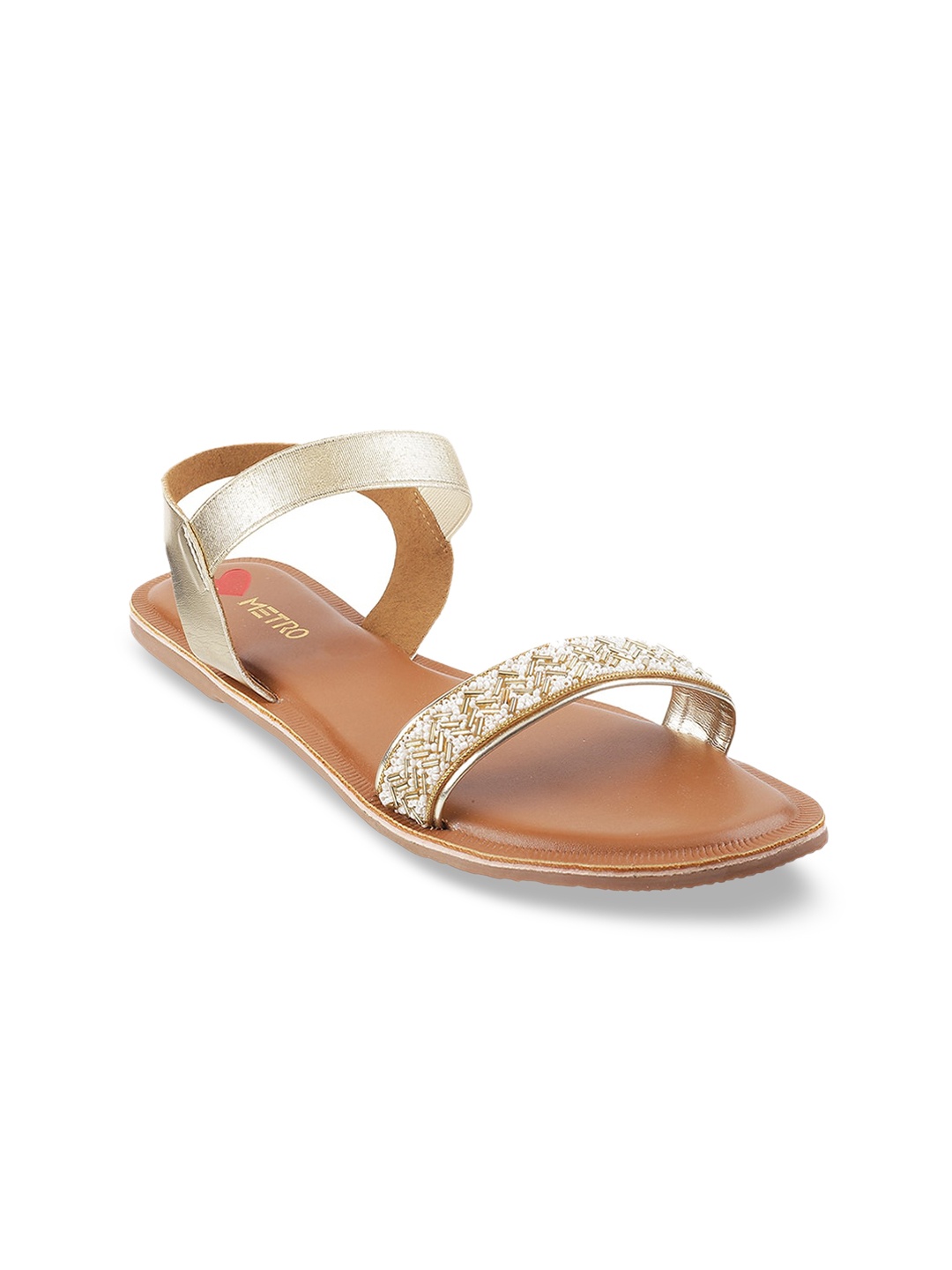 

Metro Women Tan & Gold Toned Embellished Open Toe Flats