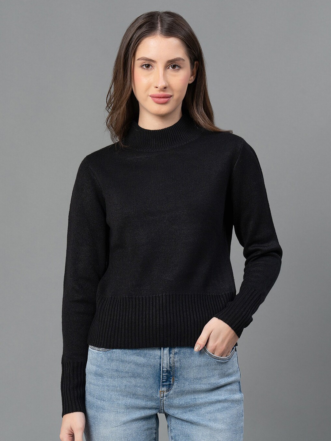 

Mode by Red Tape Women Black Solid Acrylic High Neck Sweater