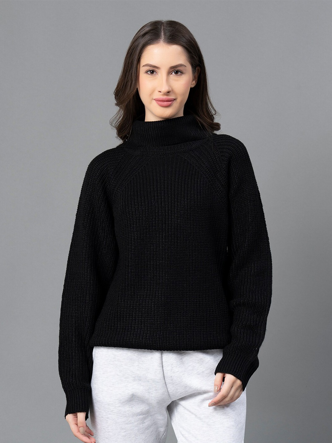 

Mode by Red Tape Women Black Acrylic Self Design Pullover