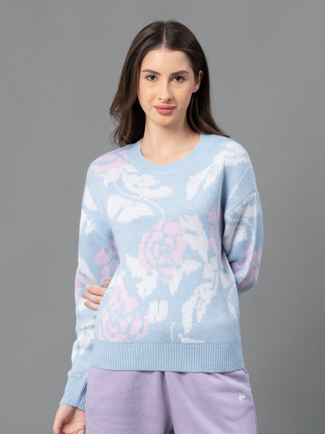 

Mode by Red Tape Women Blue & White Floral Pullover Sweater