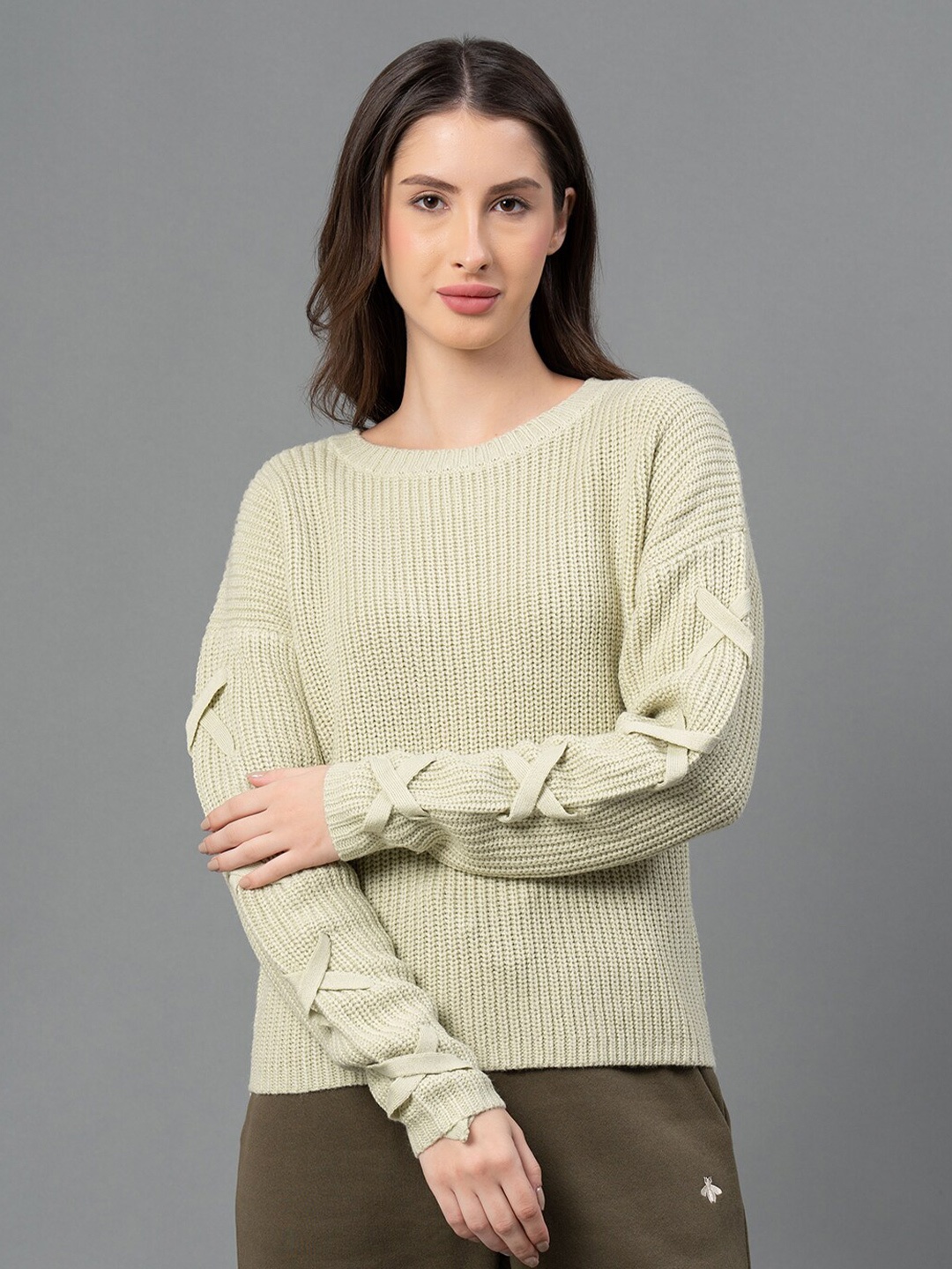 

Mode by Red Tape Women Green Solid Self Design Sweater