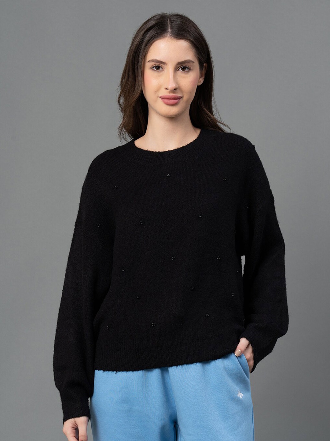 

Mode by Red Tape Women Black Acrylic Pullover Sweater with Embellished Detail