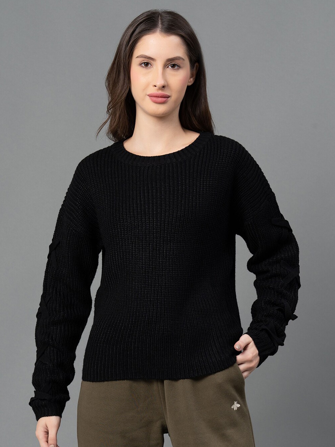 

Mode by Red Tape Women Black Solid Round Neck Sweater