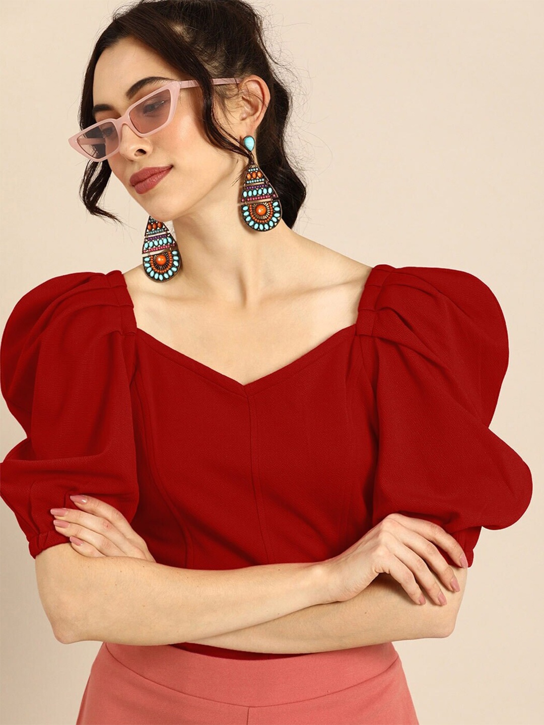 

FAVRIZ Women Maroon Sweetheart Neck Top