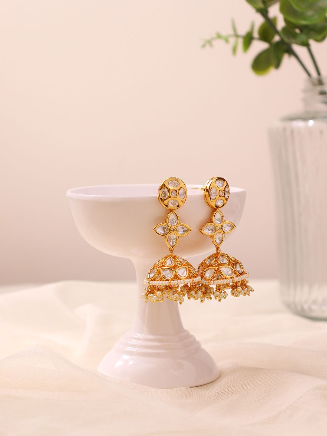 

CURIO COTTAGE White & Gold-plated Contemporary Jhumkas Earrings