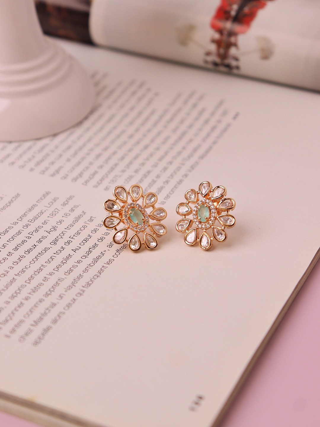 

CURIO COTTAGE Women Gold-Toned & Green Contemporary Studs Earrings