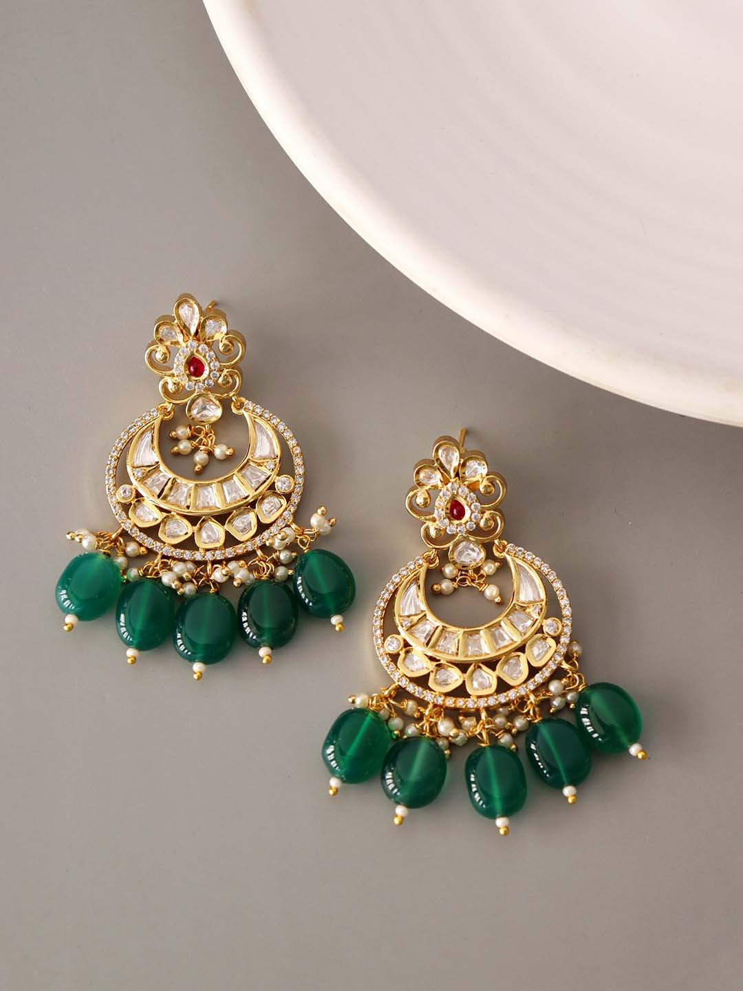 

CURIO COTTAGE Gold-Plated & Green Contemporary Chandbalis Earrings