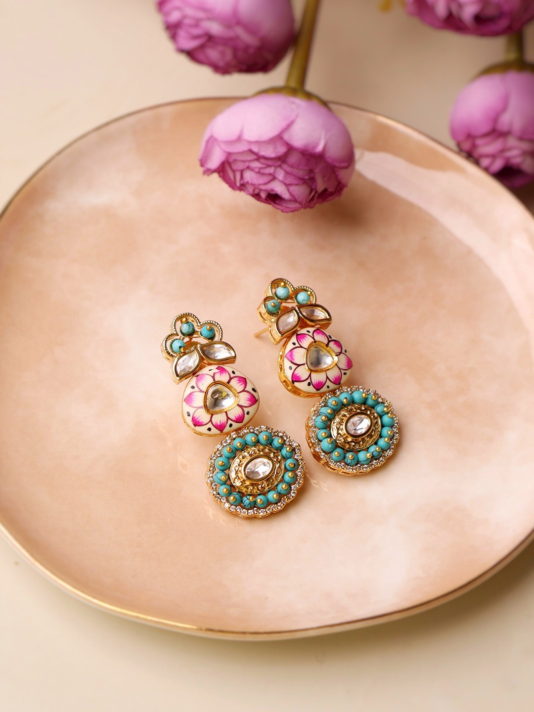 

CURIO COTTAGE Gold-Plated Blue & Pink Kundan Contemporary Drop Earrings