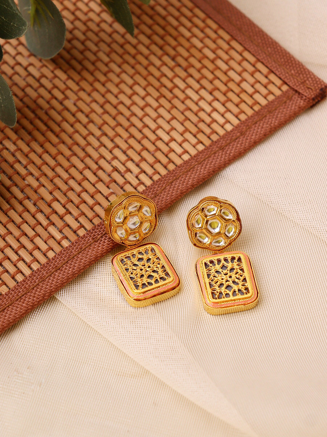 

CURIO COTTAGE Women Gold-Toned & White Contemporary Drop Earrings
