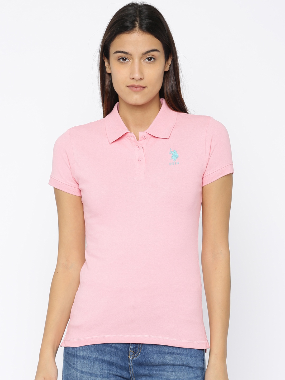 

U.S. Polo Assn. Women Pink Solid Polo Collar T-shirt