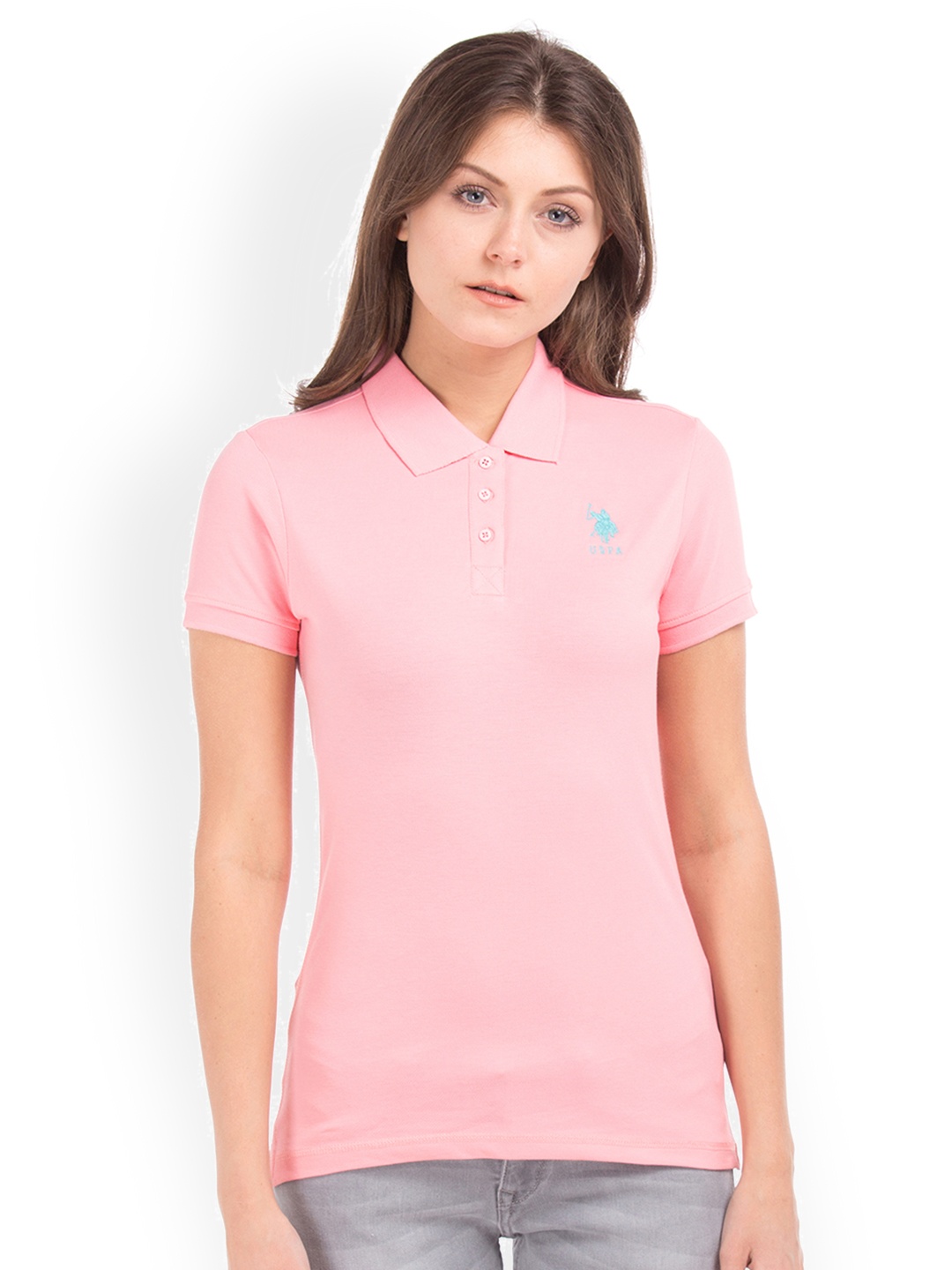 

U.S. Polo Assn. Women Women Pink Solid Polo Collar T-shirt