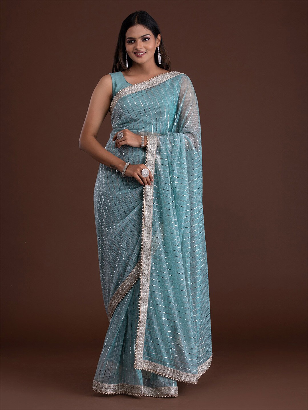 

Koskii Blue & Gold-Toned Embellished Mirror Work Supernet Saree