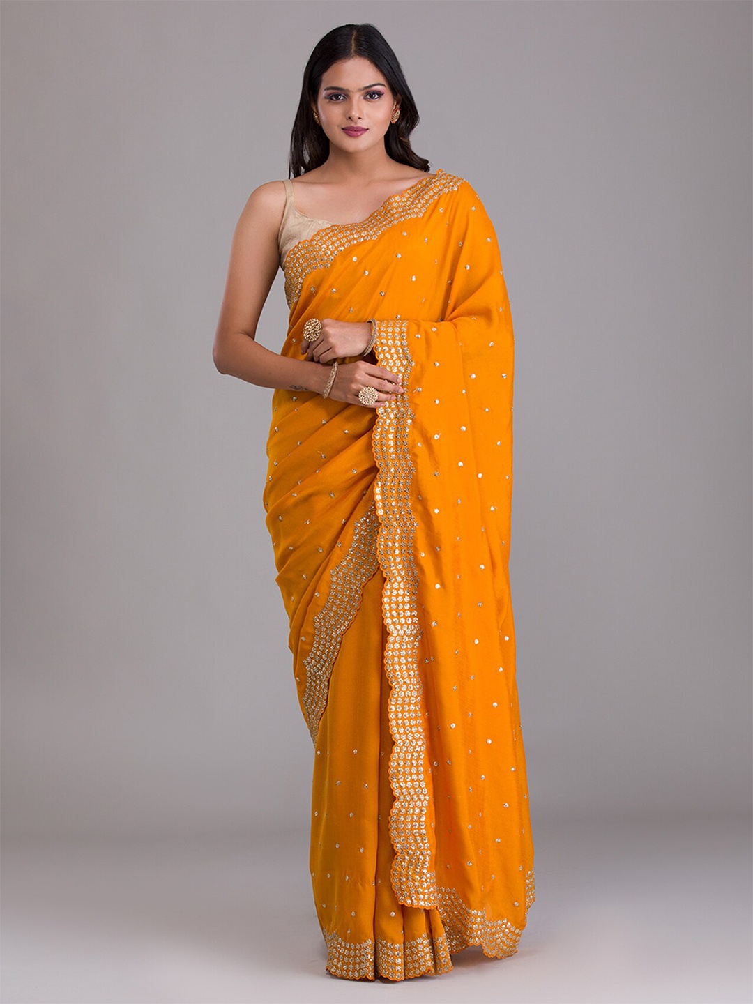 

Koskii Mustard & Gold-Toned Embellished Sequinned Saree