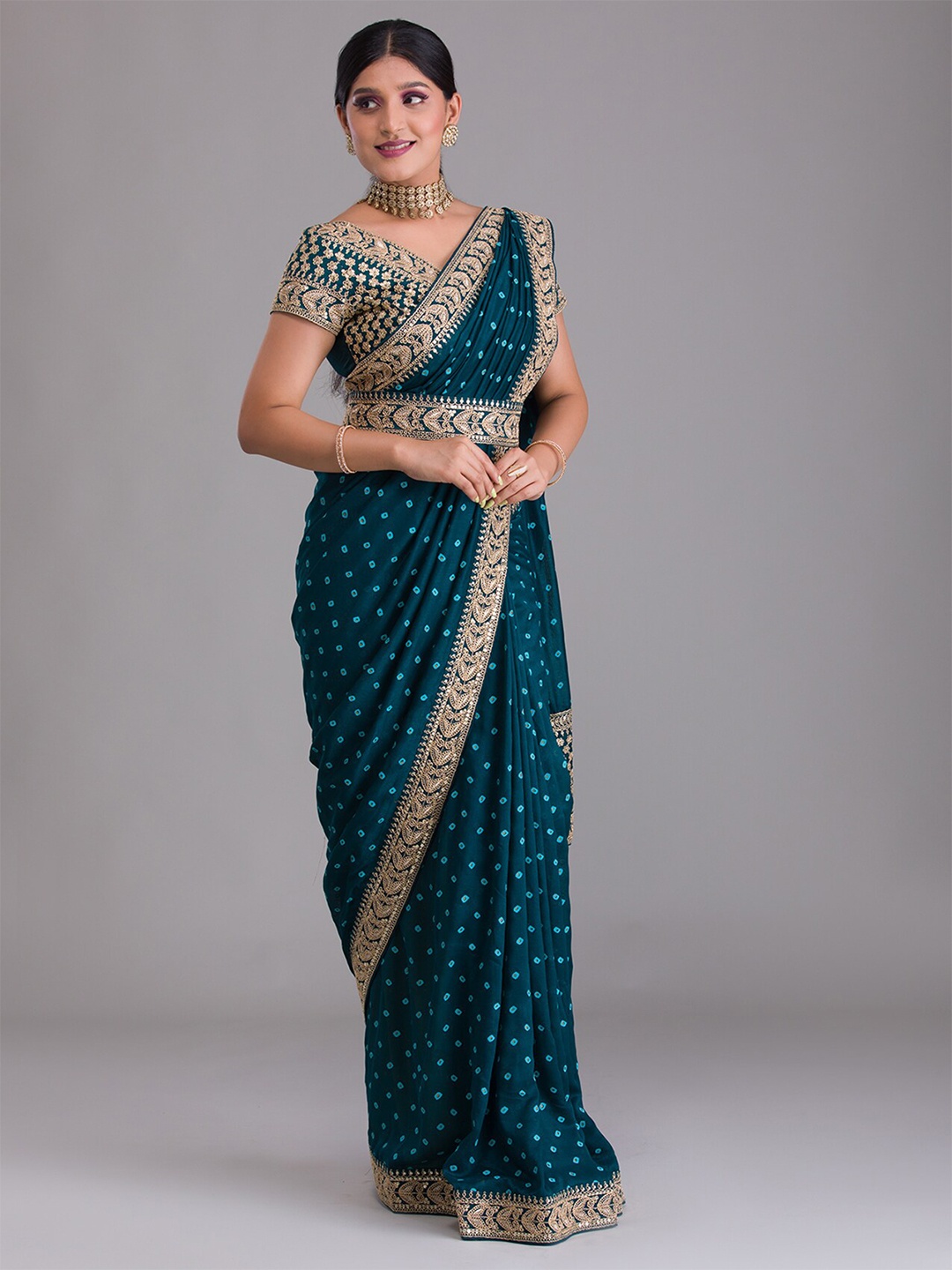 Koskii Blue & Gold-Toned Bandhani Embroidered Saree