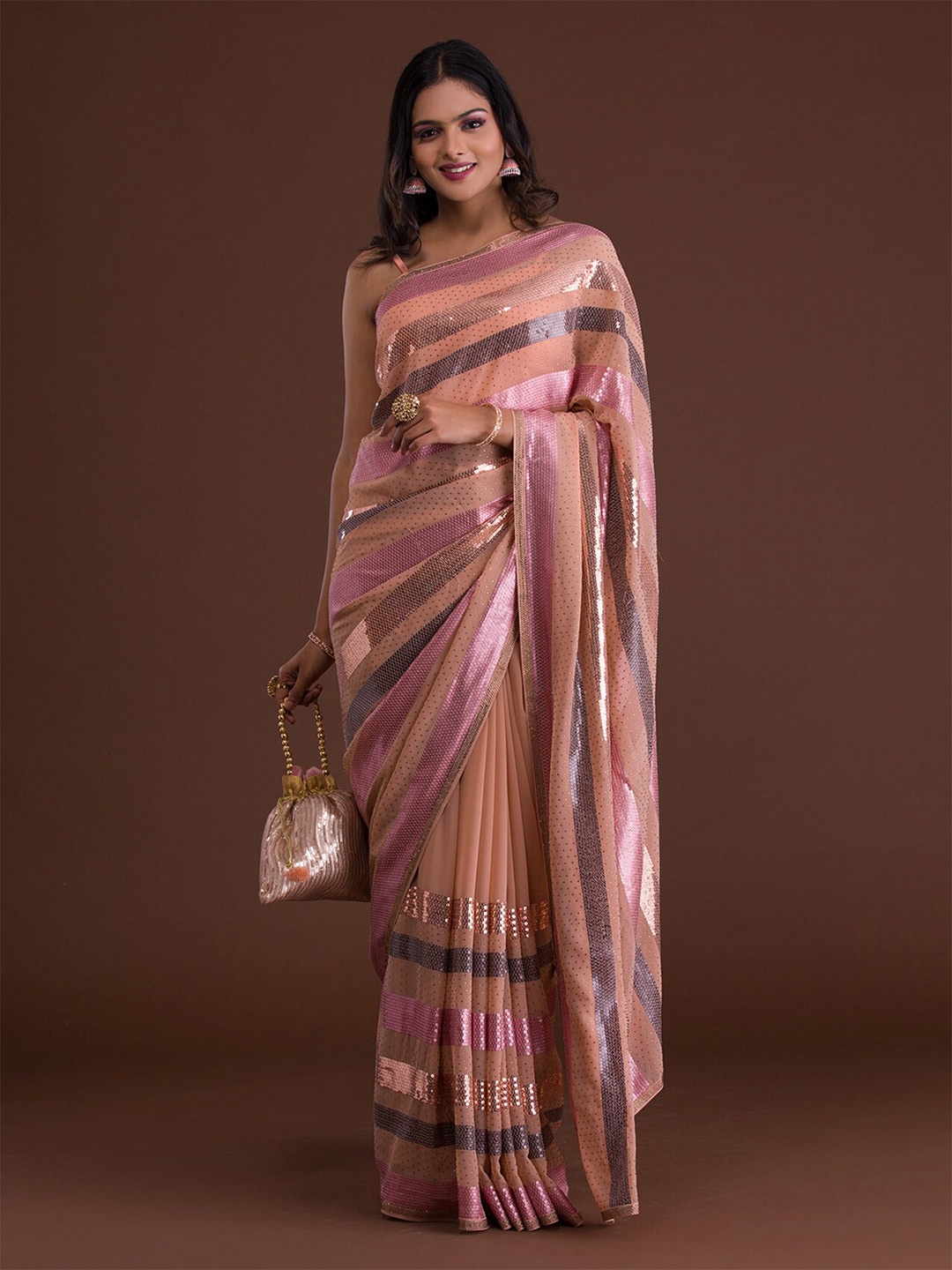 

Koskii Peach-Coloured & Beige Striped Sequinned Saree