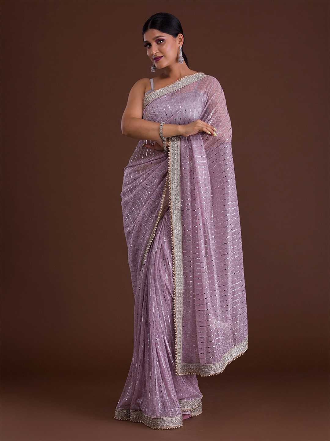 

Koskii Lavender & Gold-Toned Embellished Mirror Work Supernet Saree