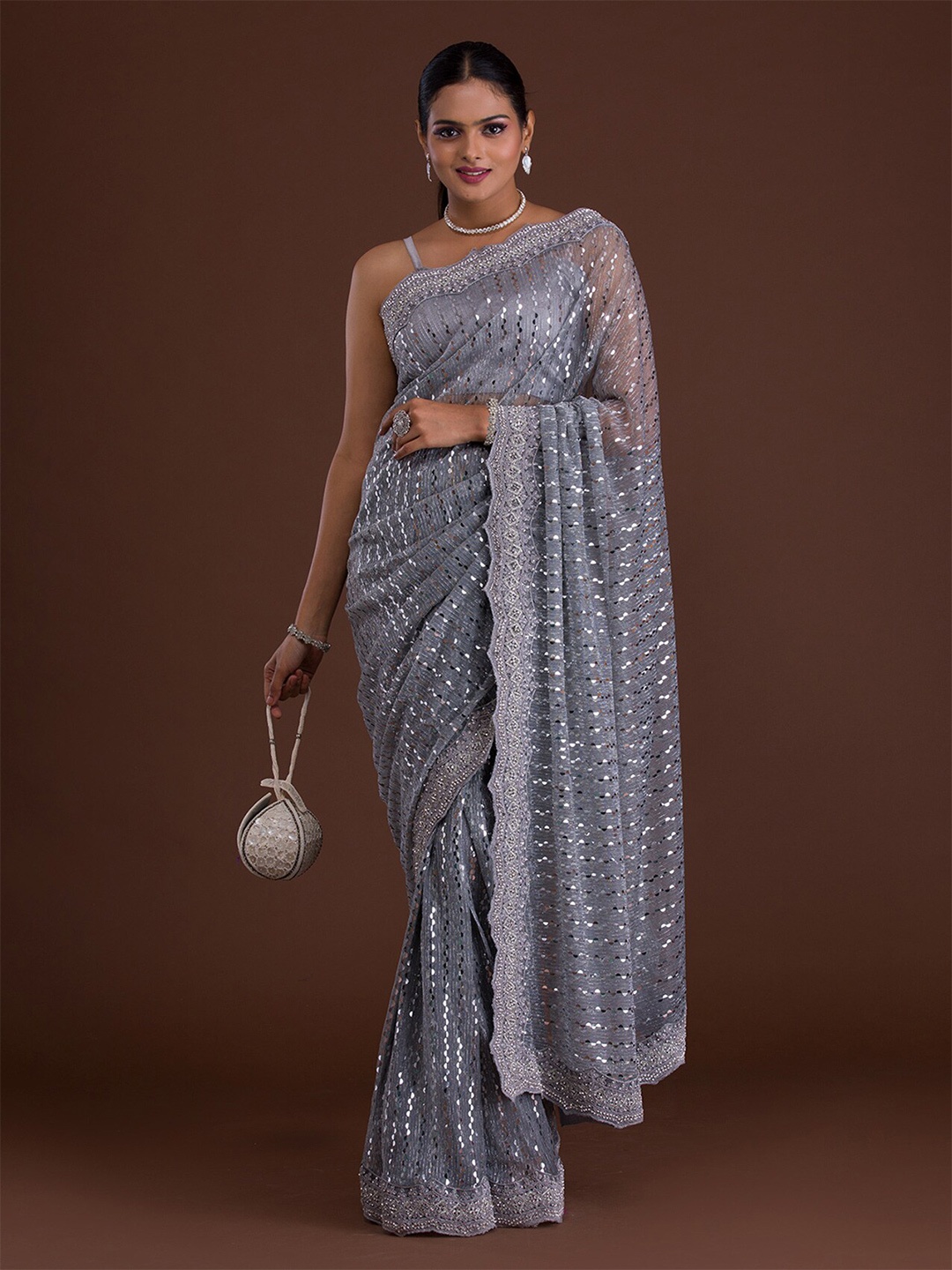 

Koskii Grey & Silver-Toned Embellished Mirror Work Supernet Saree
