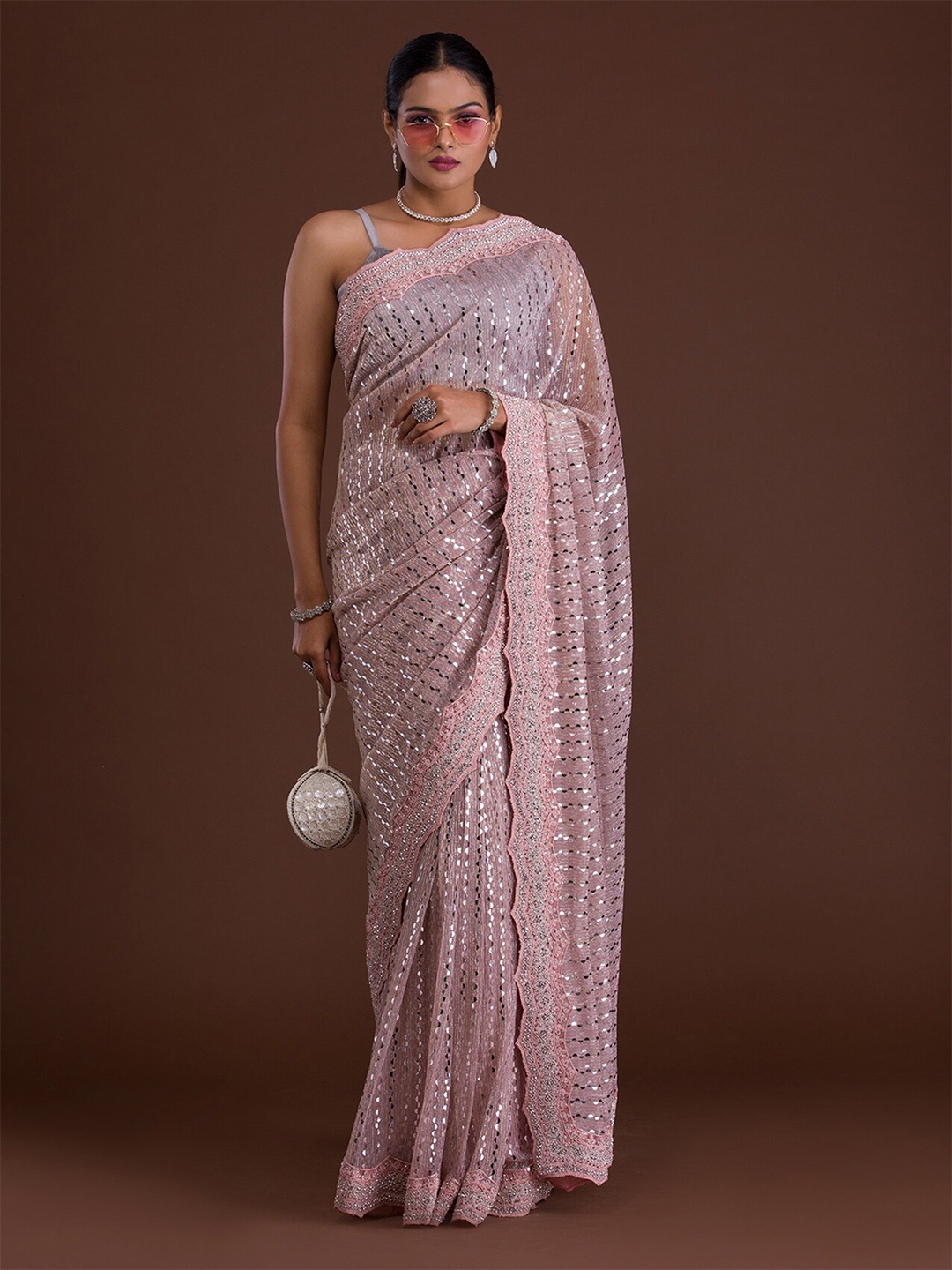 

Koskii Peach-Coloured & Silver-Toned Embellished Mirror Work Supernet Saree