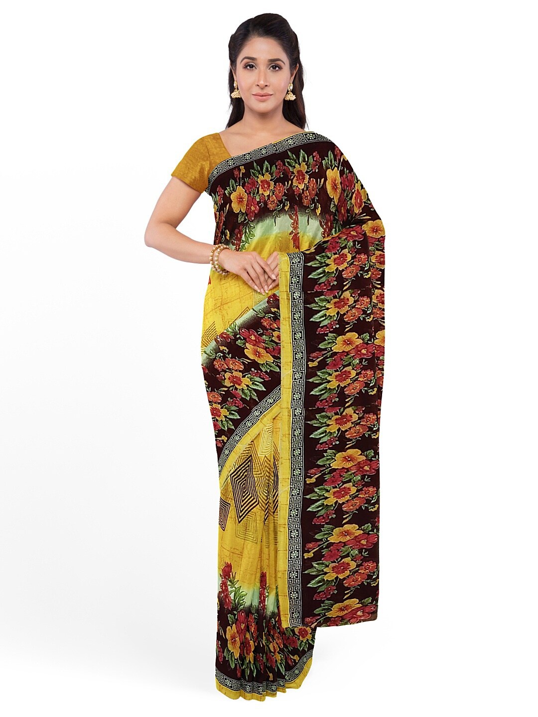 

Silk Bazar Yellow & Black Floral Pure Georgette Saree