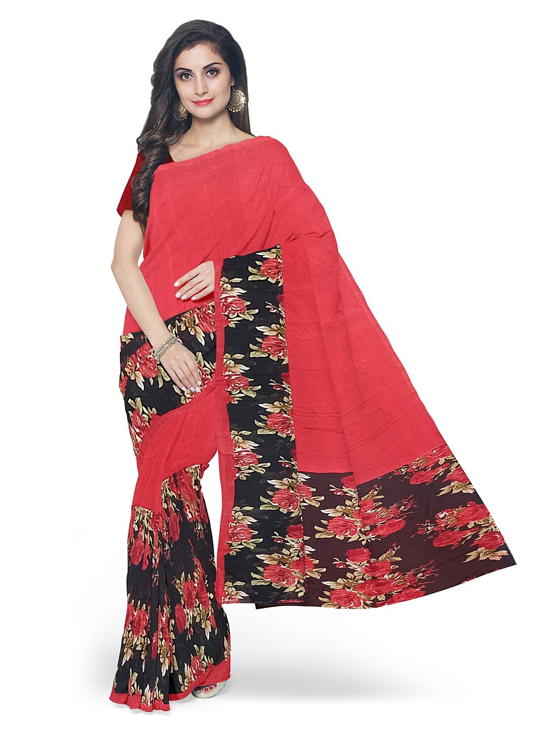 

Florence Red & Black Floral Pure Georgette Dharmavaram Saree