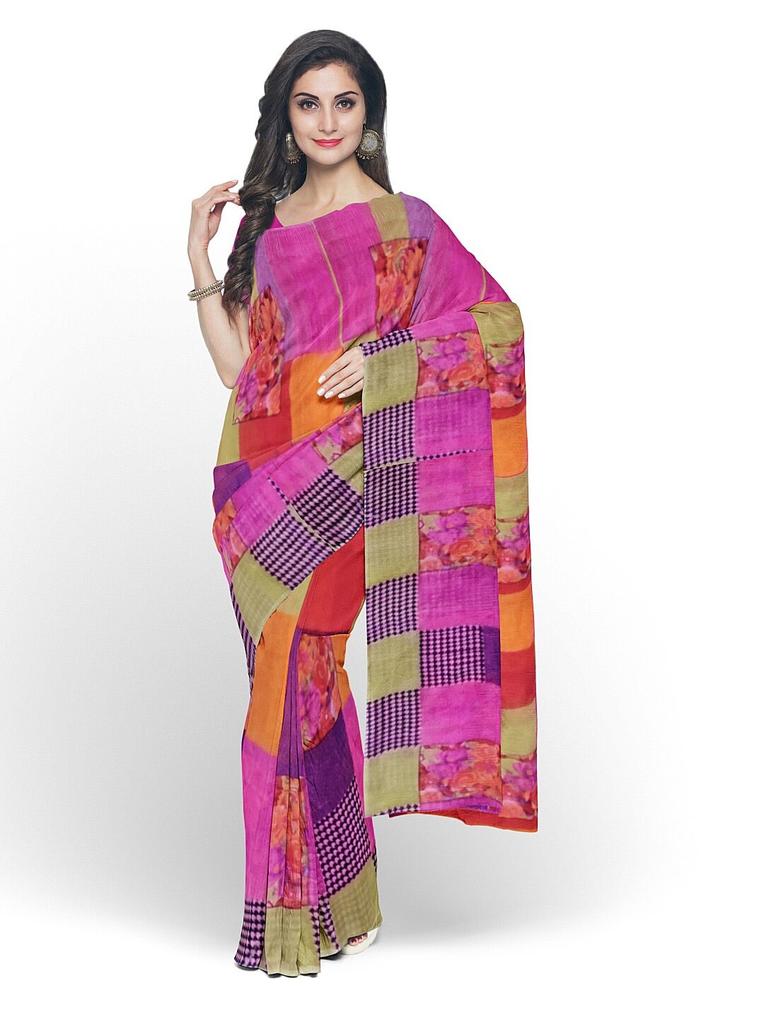 

Florence Pink & Black Ethnic Motifs Pure Georgette Dharmavaram Saree
