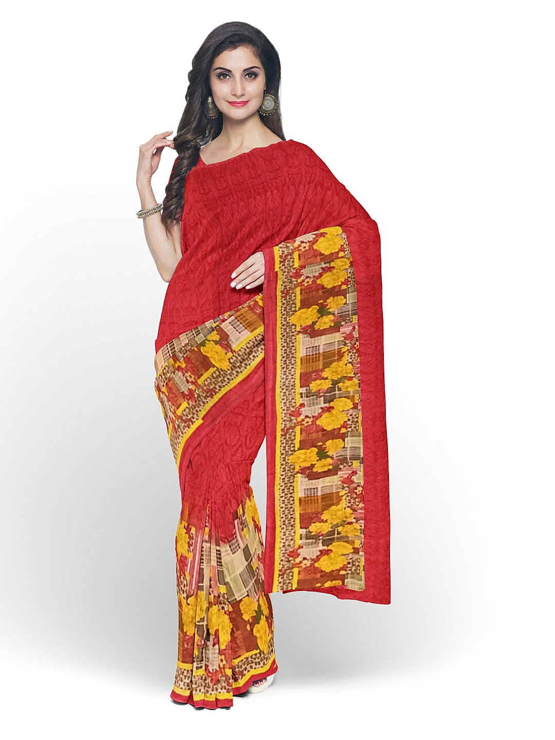 

Florence Red & Yellow Floral Pure Georgette Dharmavaram Saree