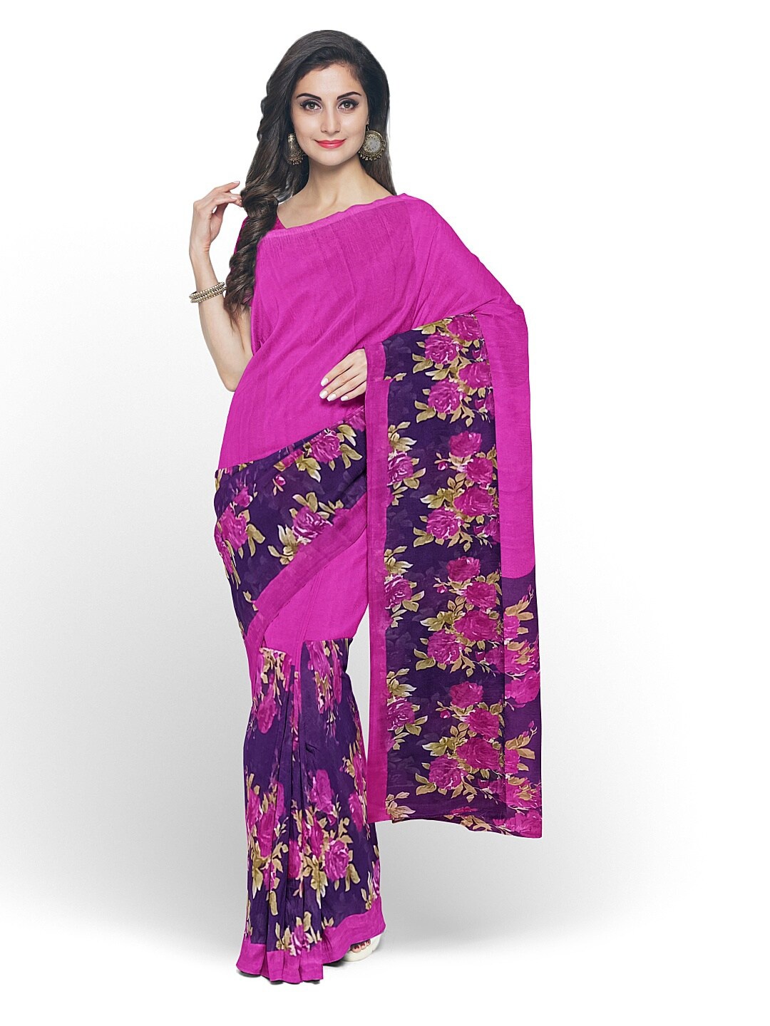 

Florence Pink & Navy Blue Floral Pure Georgette Saree