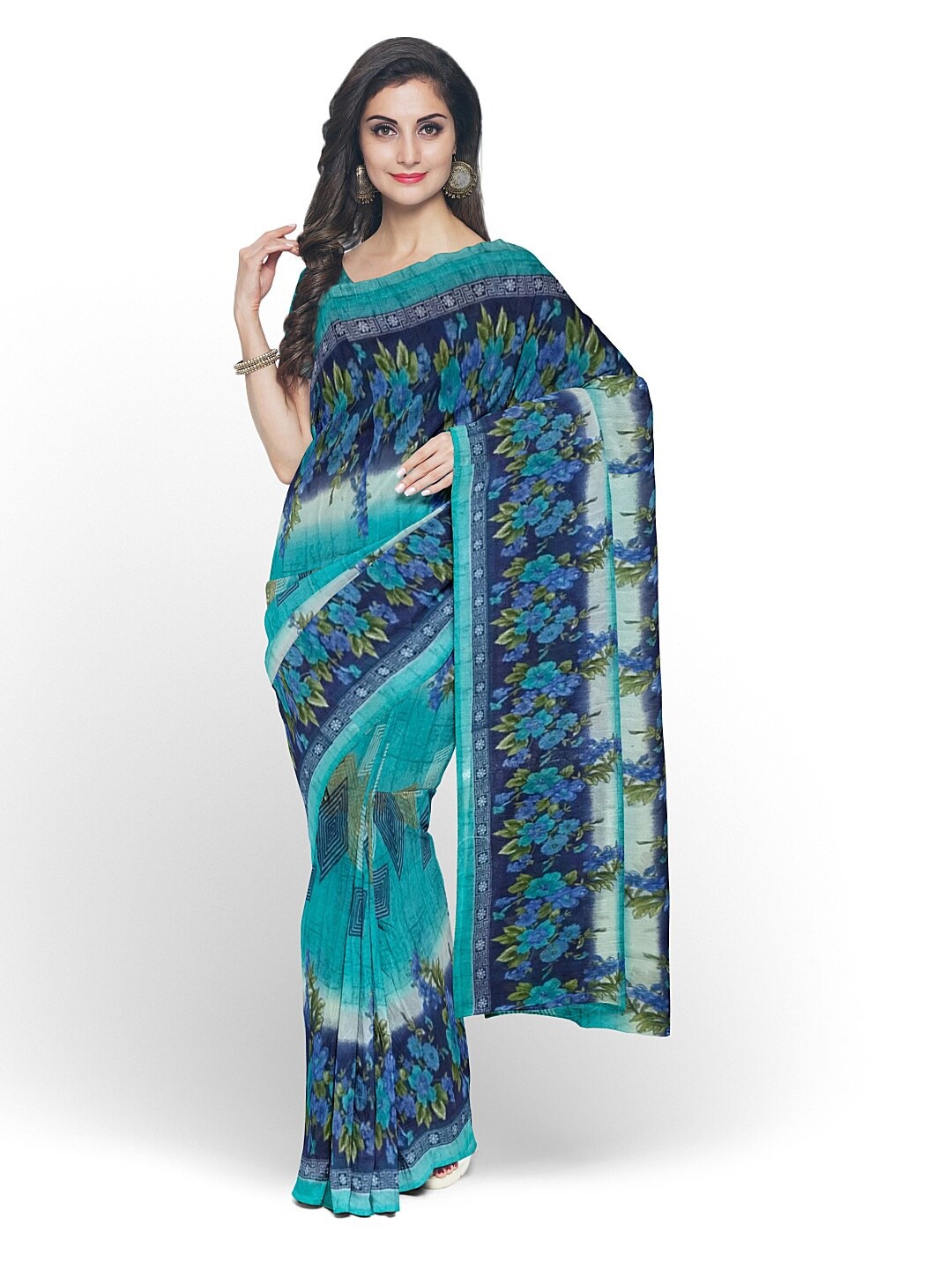 

Florence Green & White Floral Pure Georgette Dharmavaram Saree