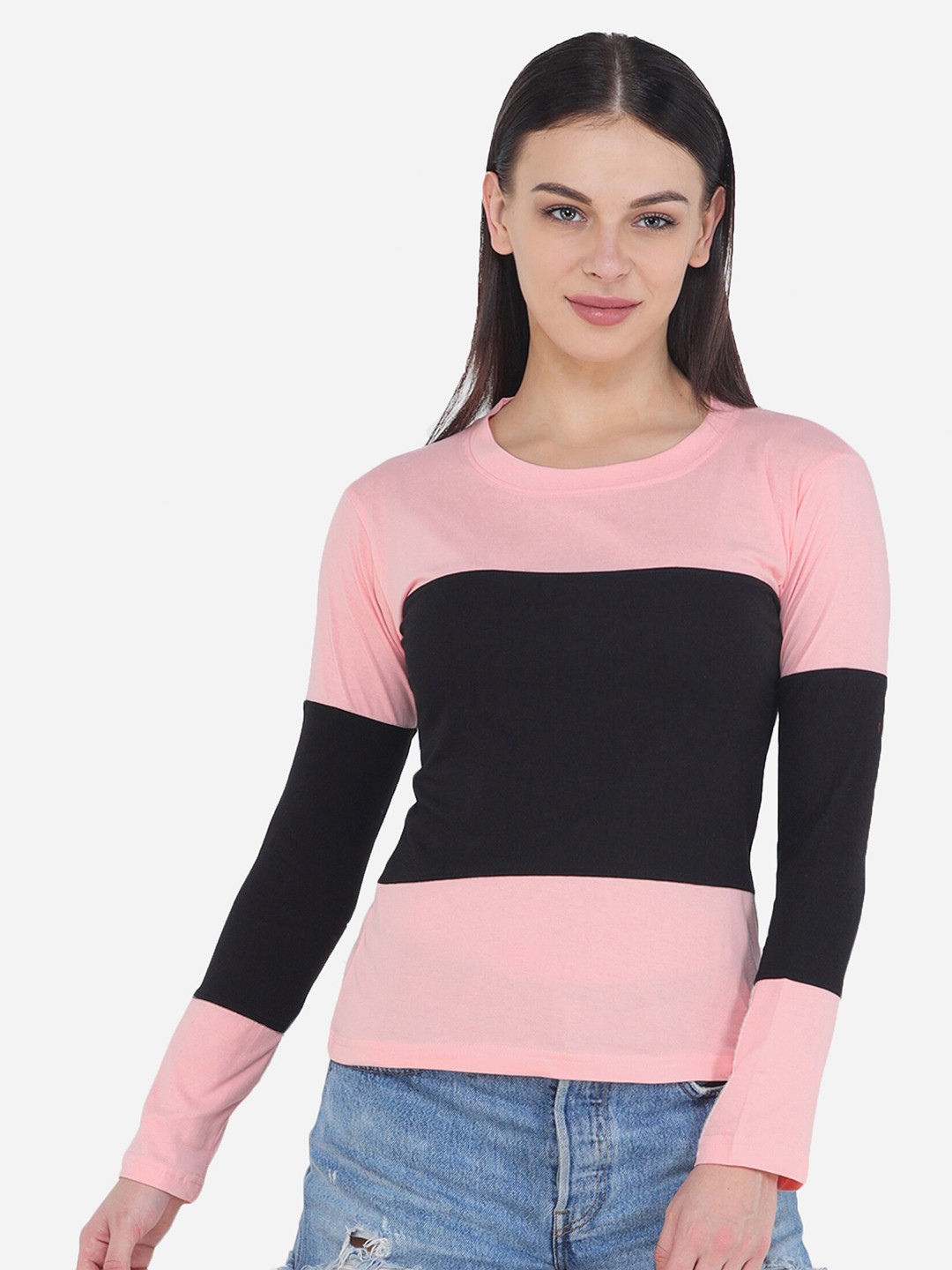 

VIVINKS Women Pink & Black Colourblocked Cotton T-shirt