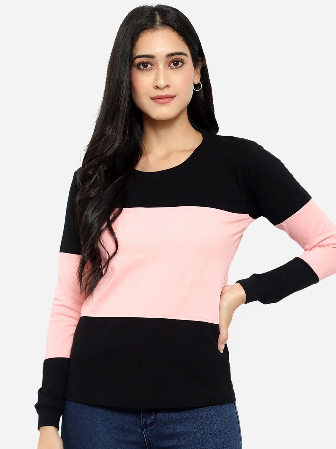 

VIVINKS Women Black & Pink Colourblocked Cotton T-shirt