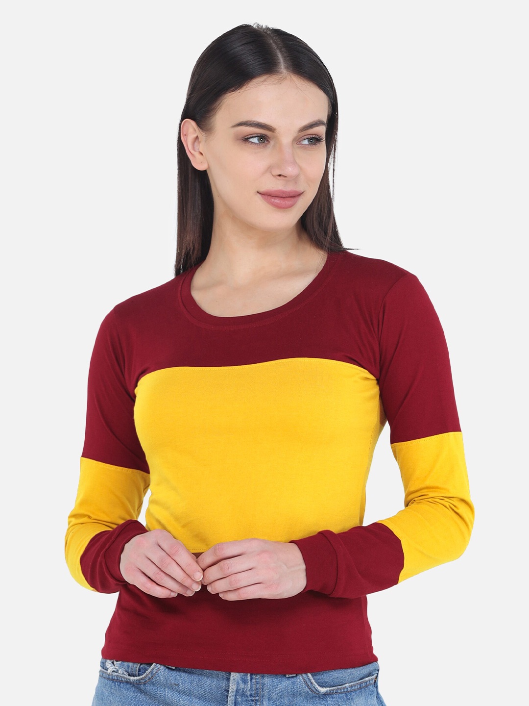

VIVINKS Women Maroon & Yellow Colourblocked T-shirt