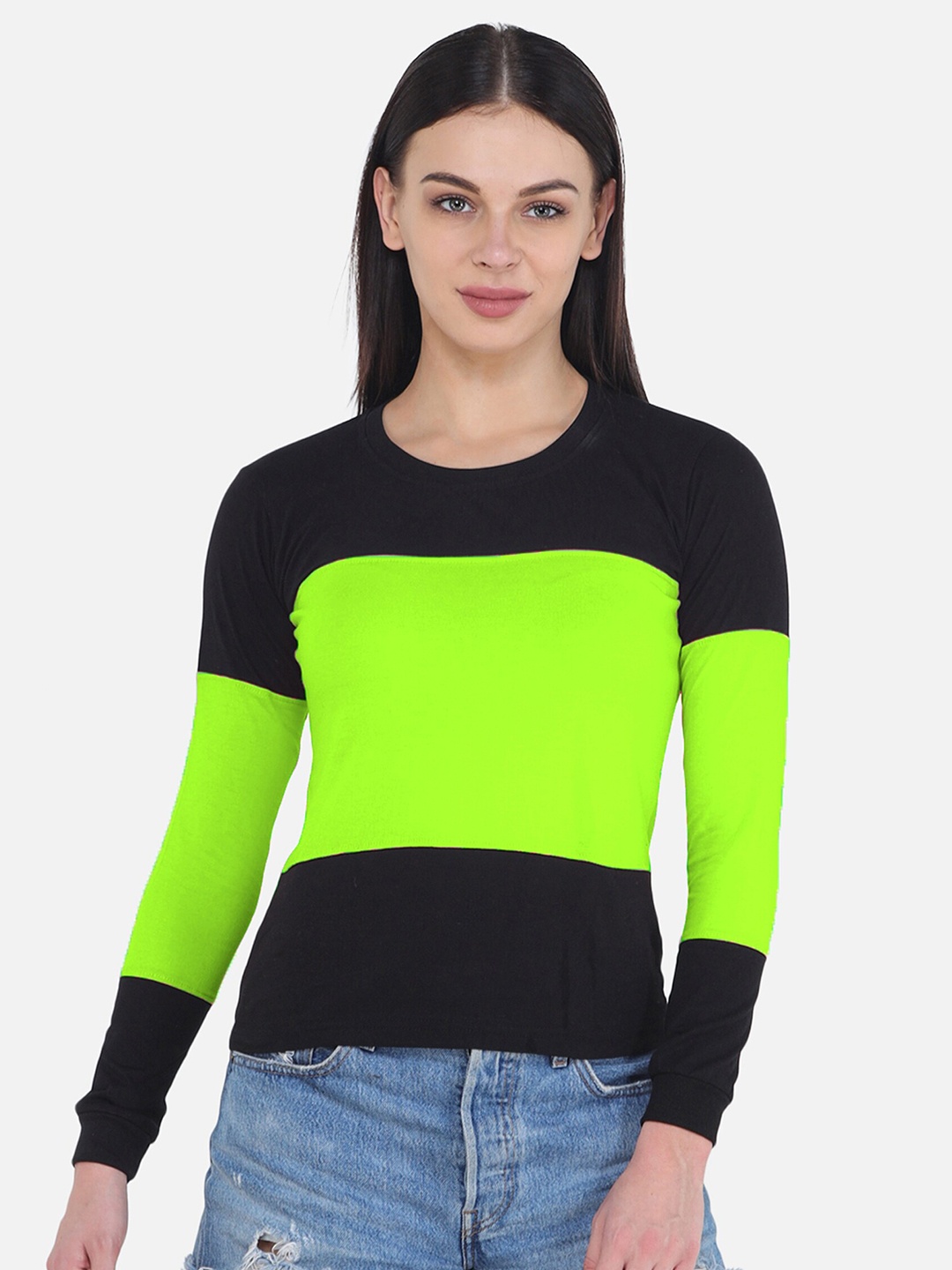 

VIVINKS Women Black & Lime Green Colourblocked T-shirt