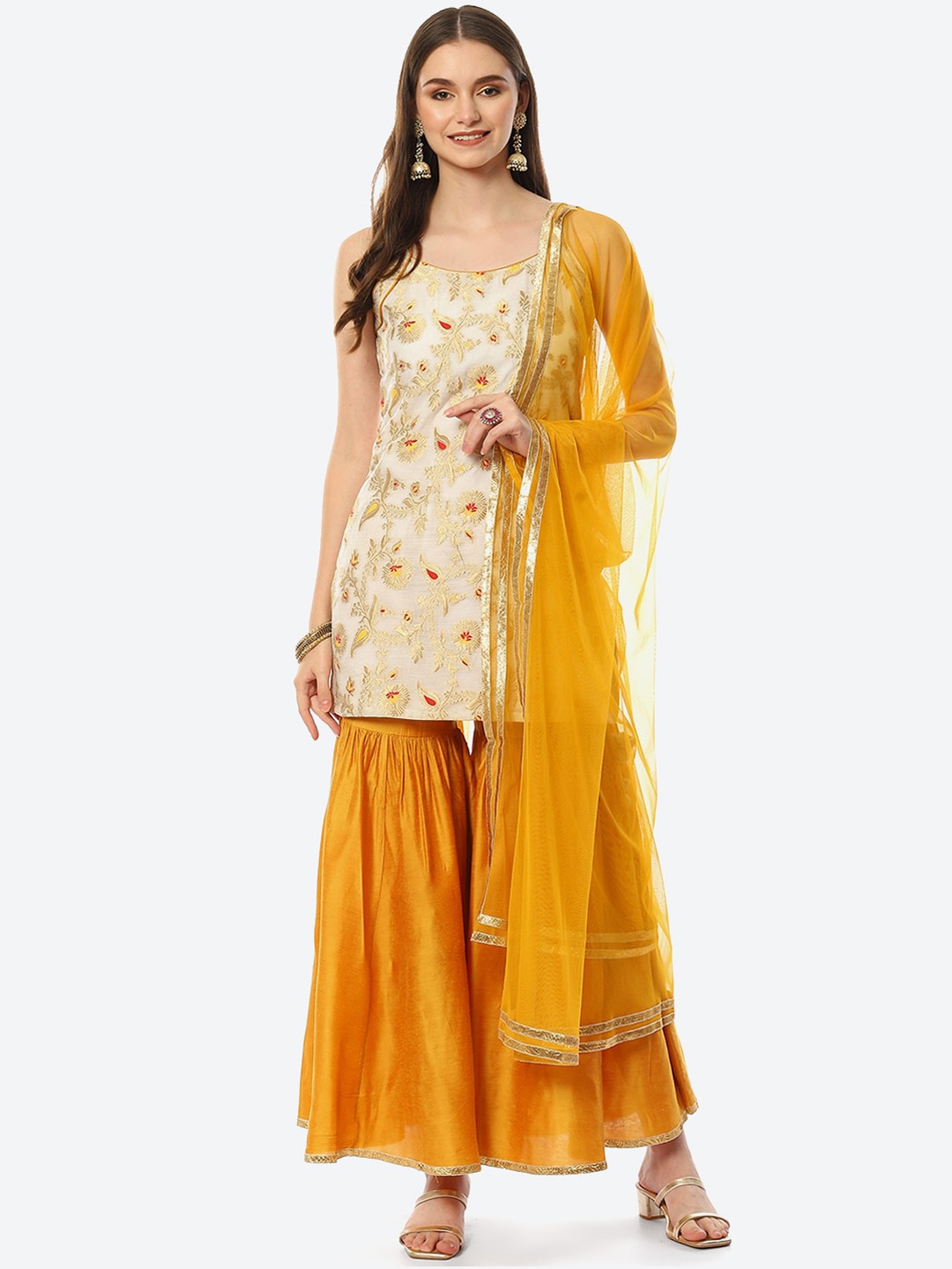 

Biba Women Off White Floral Printed Kurta with Sharara & Dupatta