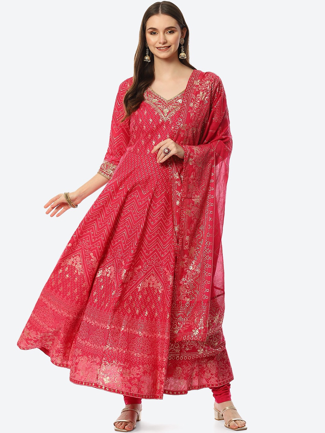 

Biba Women Pink Ethnic Motifs Printed Empire Zardozi Kurta with Churidar & With Dupatta