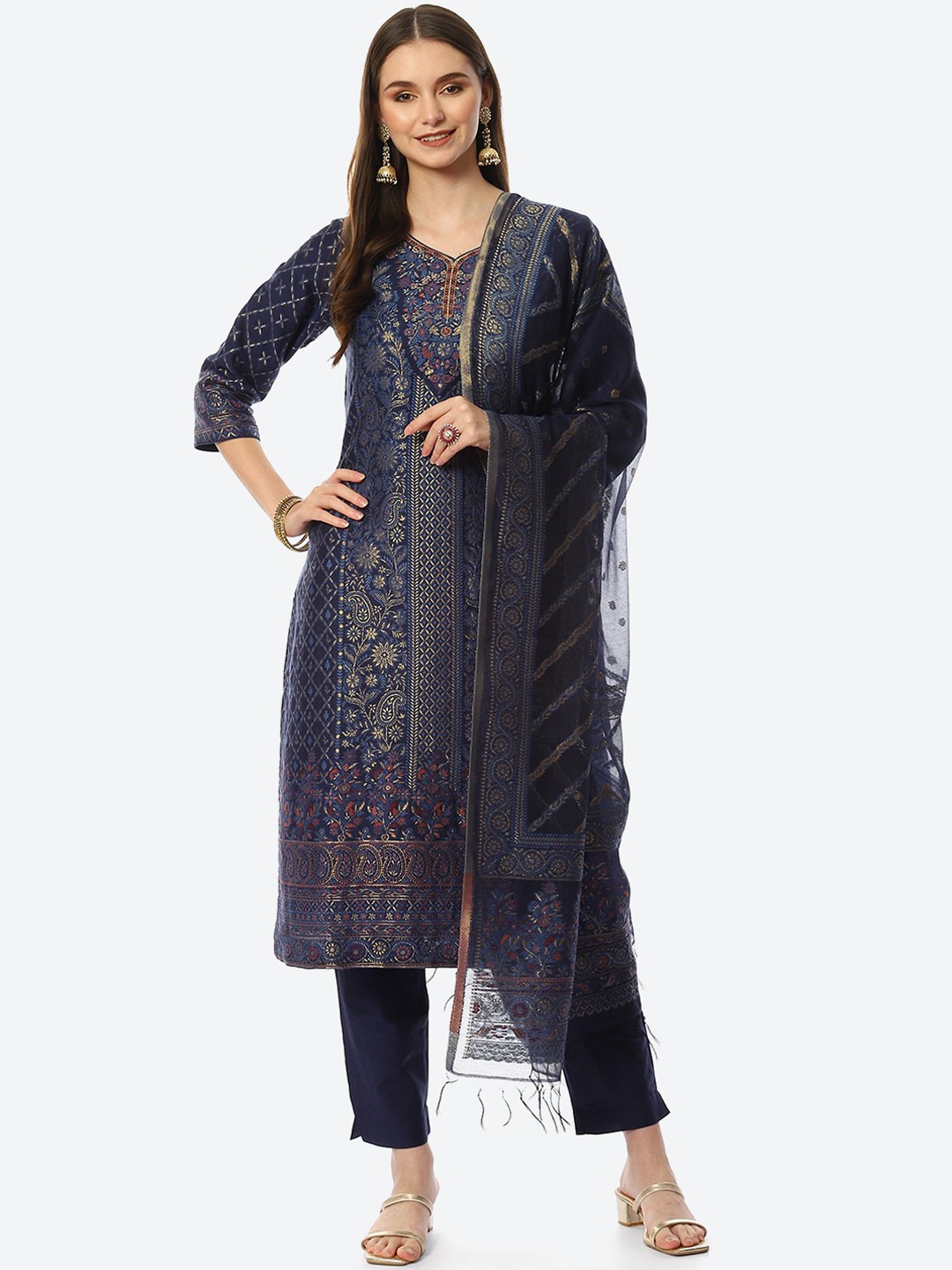 

Biba Women Blue Ethnic Motifs Printed Kurta with Trousers & With Dupatta