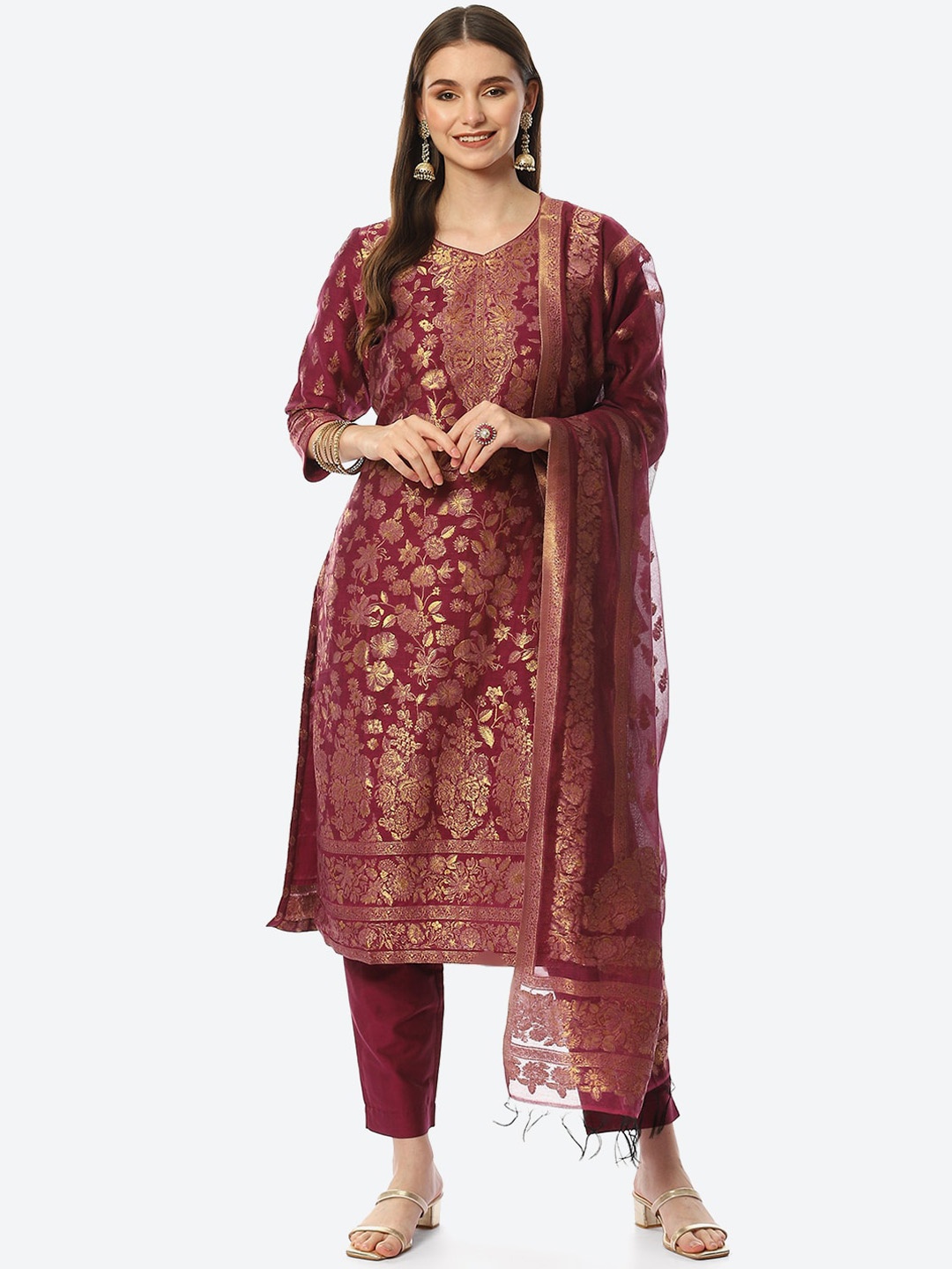 

Biba Women Maroon Ethnic Motifs Kurta with Trousers & Dupatta